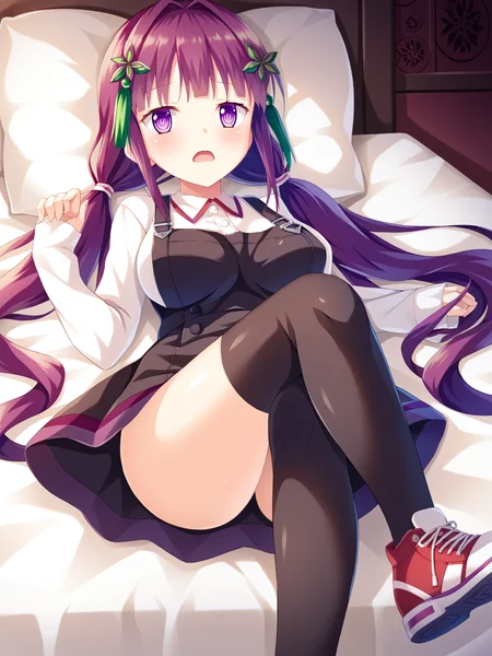 <lora:Escude_-_Yamizome_Liberator_-_All_in_One:1>,casualuta,escude,uta,1girl,solo,thighhighs,twintails,long hair,shoes,breasts,black thighhighs,very long hair,violet hair,open mouth,purple eyes,large breasts,white shirt,dress,hair ornament,sneakers,red footwear,bangs,black dress,pinafore dress,long sleeves,low twintails,blush,sleeves past wrists,bedroom,lying,on back,on bed,crossed legs,, score_9, score_8_up, score_7_up,source_anime,(masterpiece),(best quality),(ultra-detailed),(best illustration),(best shadow),(absurdres),(detailed background),(very aesthetic),source_anime
