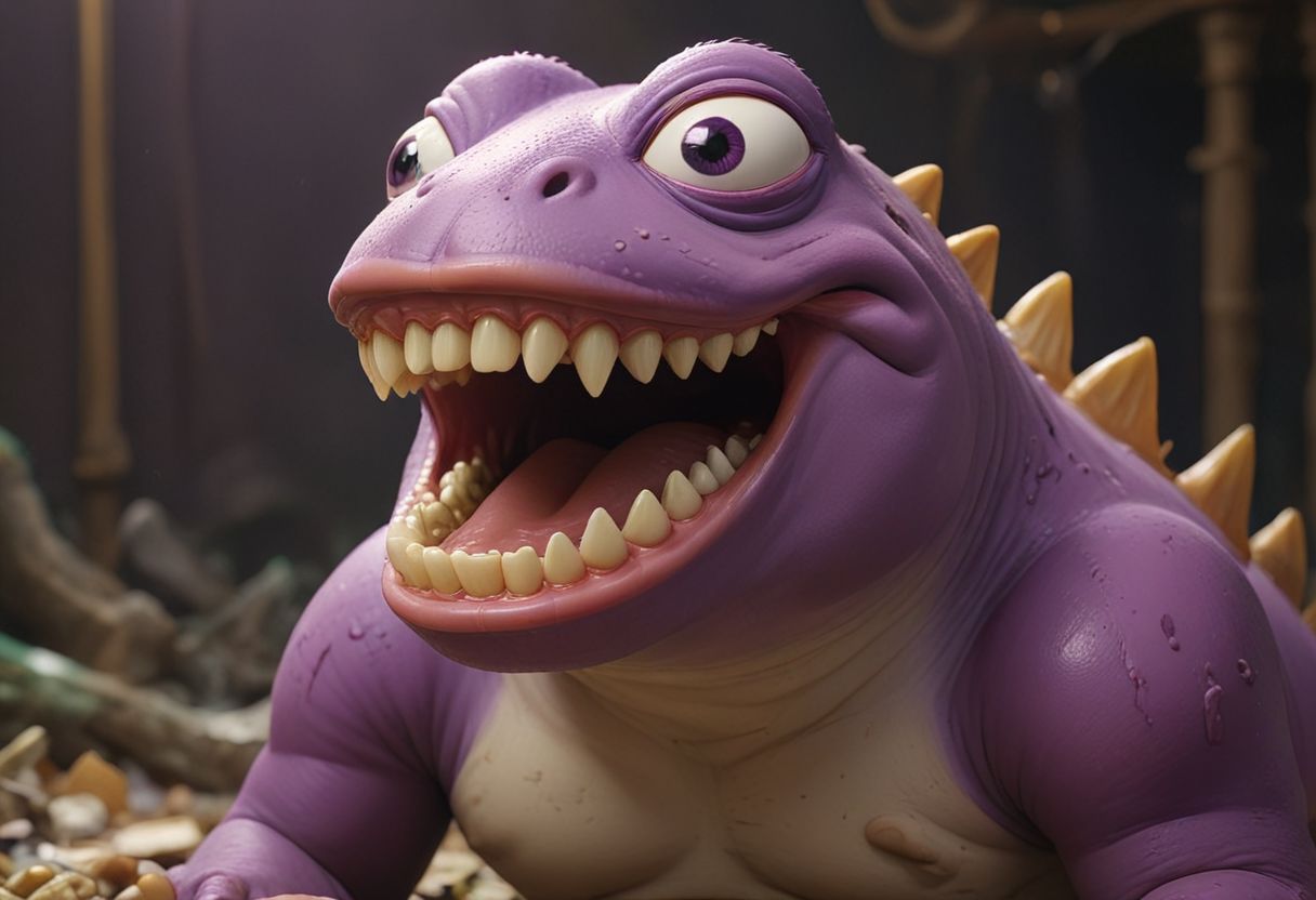 HD, Raytracing, cinematic, sense of scale, 1massive pepe_frog+chonkasaurus, human teeth, skeletal, atmospheric, empty space, colours, blurry background, realistic, purple eyes, <lora:chonkasaurus-000003:1>