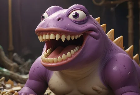HD, Raytracing, cinematic, sense of scale, 1massive pepe_frog+chonkasaurus, human teeth, skeletal, atmospheric, empty space, colours, blurry background, realistic, purple eyes, <lora:chonkasaurus-000003:1>