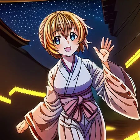 1girl, female, (solo), (detailed, extremely detailed background, best quality background, beautiful background, masterpiece background:1.3), (cute), Japanese architecture, yukata, waving, midnight, night, starry, smile, high quality, best quality, masterpiece, beautiful scenery, cute pastel colors, best quality character, beautiful eyes