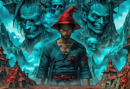 illustration, anime, Monkey D. Luffy, One Piece, vintage, port city, poster, in the style of [james jean], deathcore, [john pitre], detailed atmospheric portraits, oil painting, anime, biopunk, horror art, dark and intricate, unique illustrations, precisionist art, airbrush, mystical landscape, intricate psychedelic, dark azure and red, witchcore