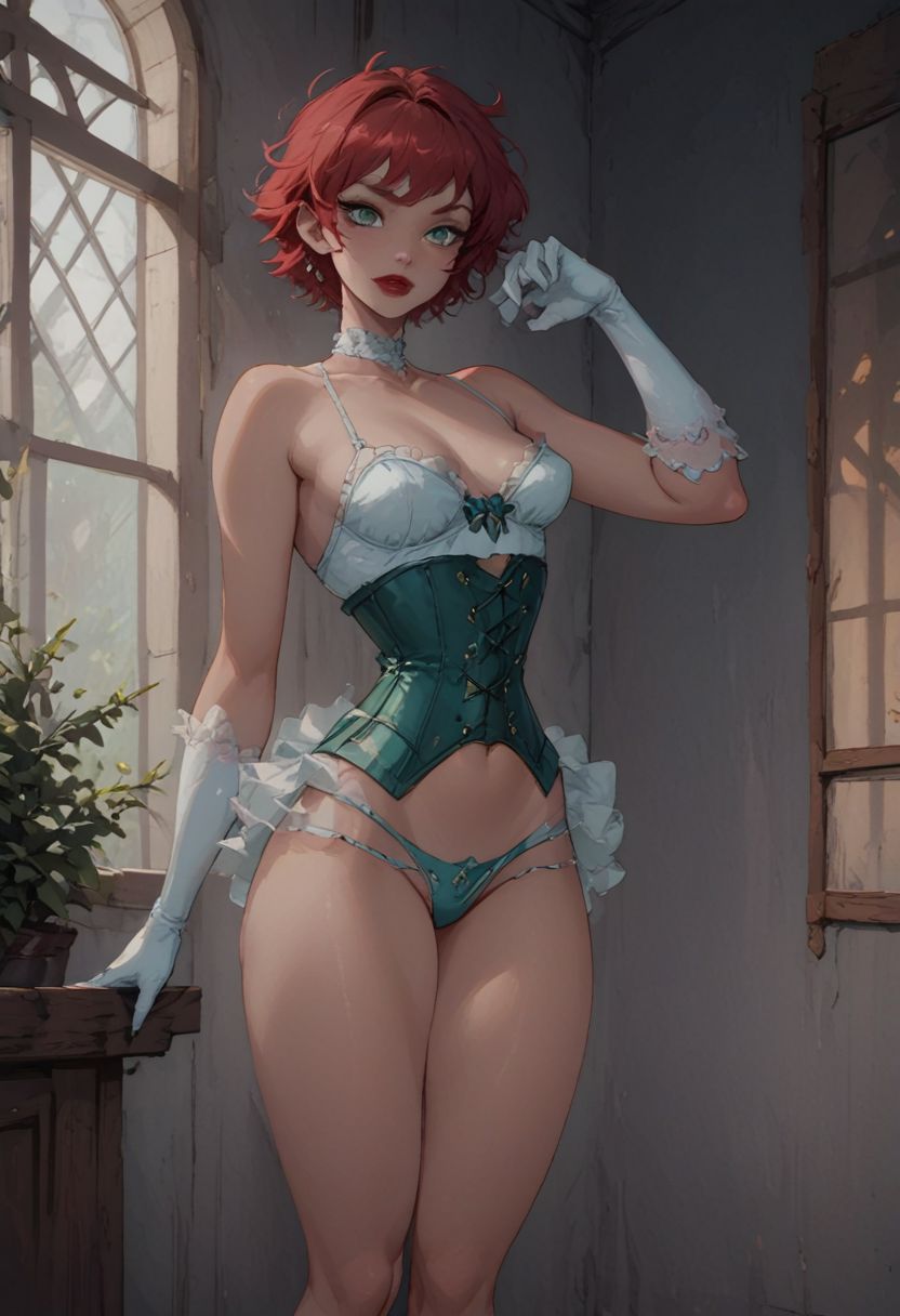score_9, score_8_up, score_7_up, pinup girl pose, Expressiveh, a sexy girl in corset, in dance pose, white lacy gloves, ballerina, girly sexy skimpy outfit, white bra, tiny skimpy green panties, tiny mini tutu, joker themed outfit, diamonds and spades printed on outfit, light red hair, short hair, pale skin, green eyes, bright red lipstick, meduim breasts, perfect face, long and slender body, long legs, semi realistic, window leaking morning light, diffused window, cinematic lighting, volumetric lighting,