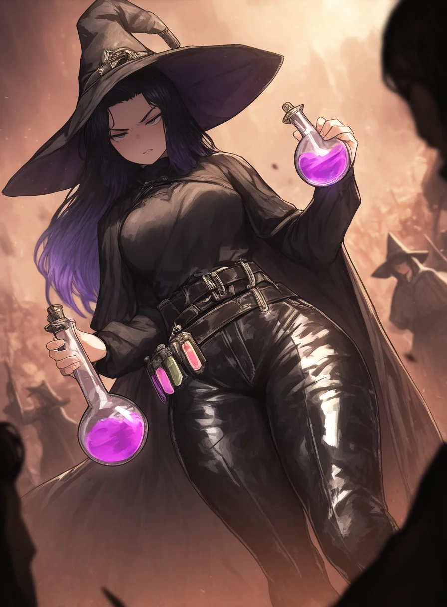masterpiece, best quality, very aesthetic,gloss,uncensored,
BREAK
outdoors, fantasy, battlefield,
BREAK
1girl, mage, long hair, black hair, black robe, umbrakinesis, purple hair, angry, dutch angle, witch hat, potion belt, leather pants,
<lora:nai_ga-ill-fandingo:1>