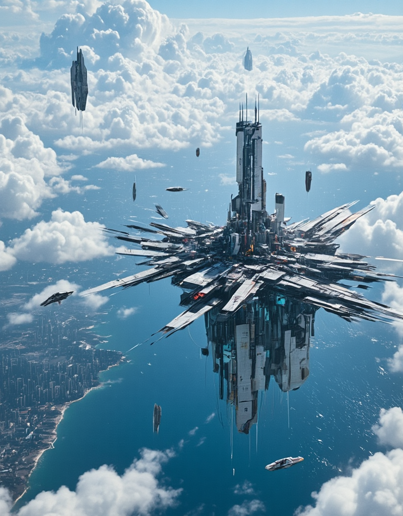 <lora:Space_Worlds_01__Poetic_fluxbeta4:1> sw01p_flux. above a planet, well above the ground with a cyberpunk city and sea, well above the clouds, there is a huge space station with a cyberpunk city on it. Some airships fly above the clouds to reach the space station.
