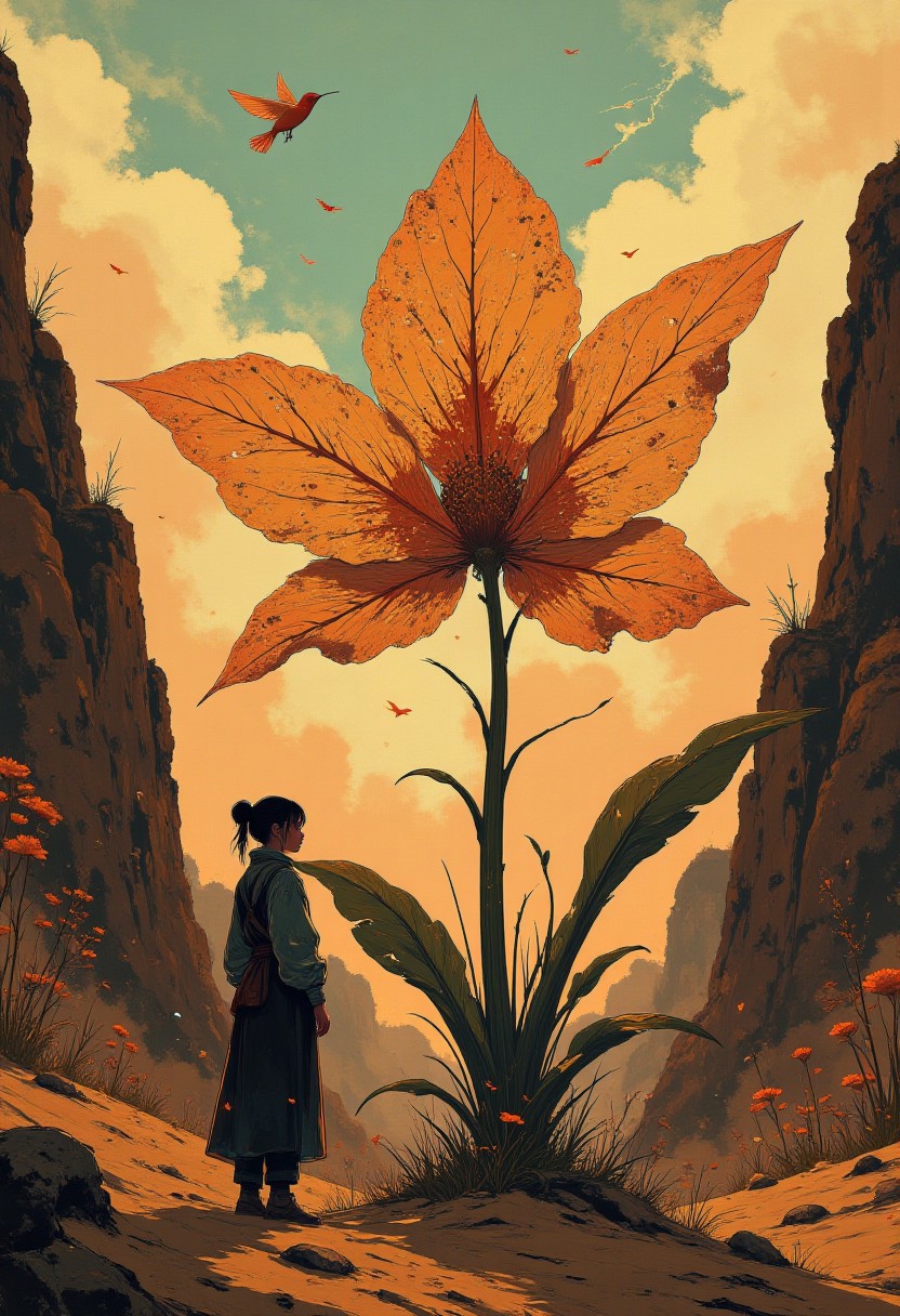 “In a secluded desert canyon at dawn, a colossal mechanical orchid made of shimmering brass and copper stands in the sand, its petals etched with ancient runes that glow softly, surrounded by tiny flying robotic hummingbirds.”
, aidmamj6.1