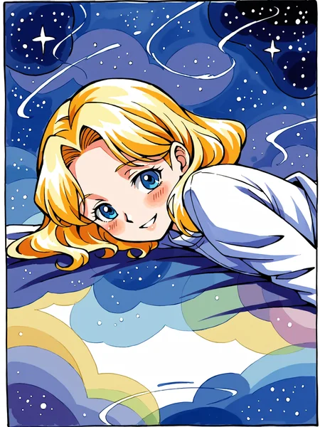 laying on side, ripples, outer space, starry sky, floating, galaxies, score_7_up, <lora:Maria Robotnik (SxSG):0.9>, blush, smile, sxsgdbmaria, blonde hair, blue eyes, source_anime, abstract, watercolor
