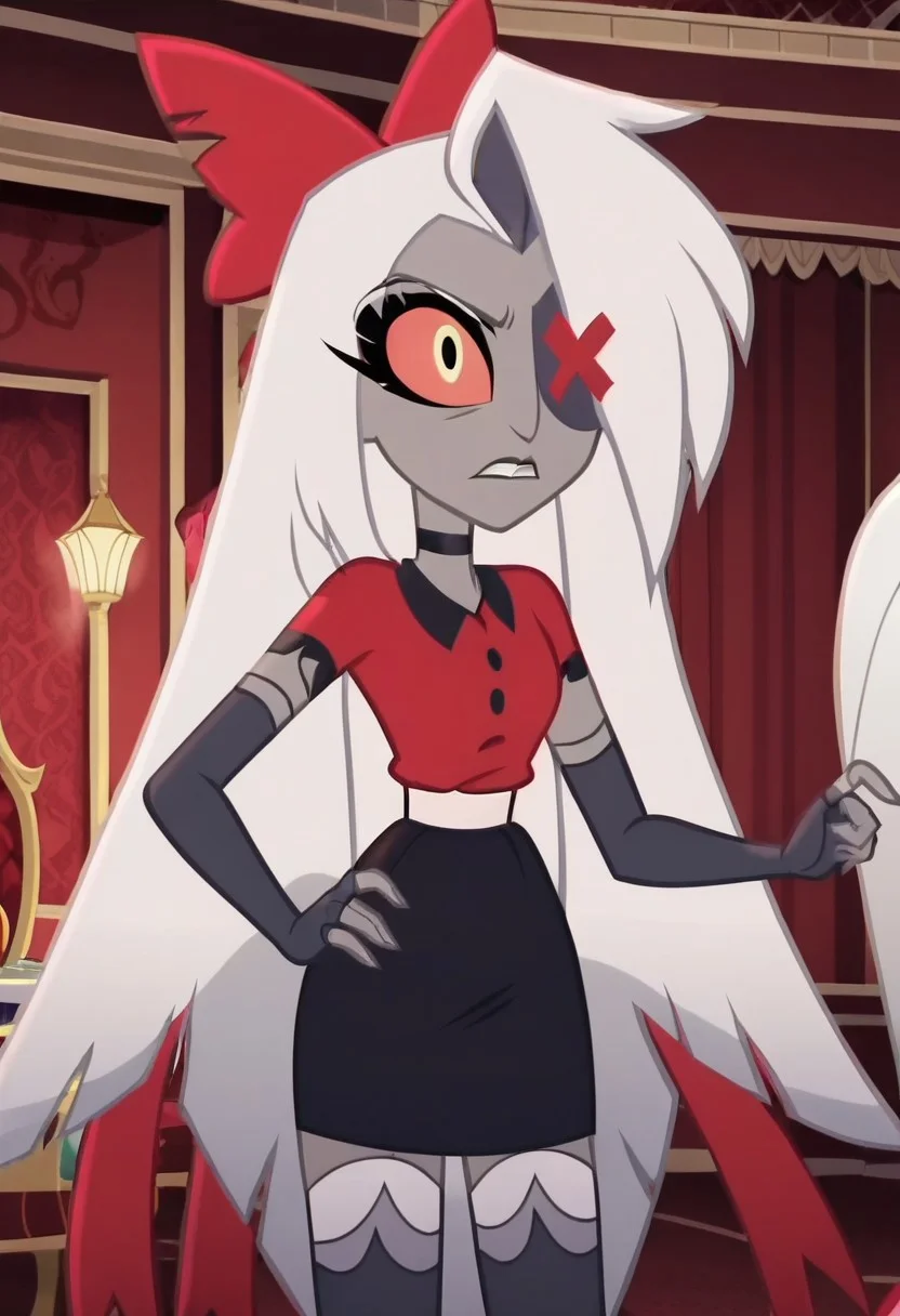 masterpiece, amazing  quality, best quality, cartoon, screencap, perfect face,
vaggie, grey skin, hair over one eye, white hair, long hair, colored sclera, hair bow, X-shaped eye patch, choker, red shirt, elbow gloves, white waistband, fingerless gloves, miniskirt, thighhighs, 4 fingers,
