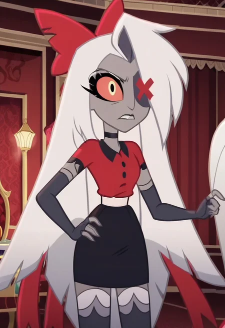 masterpiece, amazing quality, best quality, cartoon, screencap, perfect face,
vaggie, grey skin, hair over one eye, white hair, long hair, colored sclera, hair bow, X-shaped eye patch, choker, red shirt, elbow gloves, white waistband, fingerless gloves, miniskirt, thighhighs, 4 fingers,