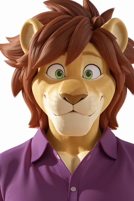 masterpiece, best quality, amazing quality, very aesthetic, absurdres, newest, 3D, portrait shot, school photo, solo, 1boy, anthro, male, looking at viewer, lion, furry, paddlep0p, golden fur, green eyes, relaxed eyes, brown messy hair, soft smile, neat appearance, front-facing pose, relaxed posture, wearing a polo shirt, clean fur, white background<lora:waiNSFWIllustrious_v110:1> <lora:Paddle_Pop:1>