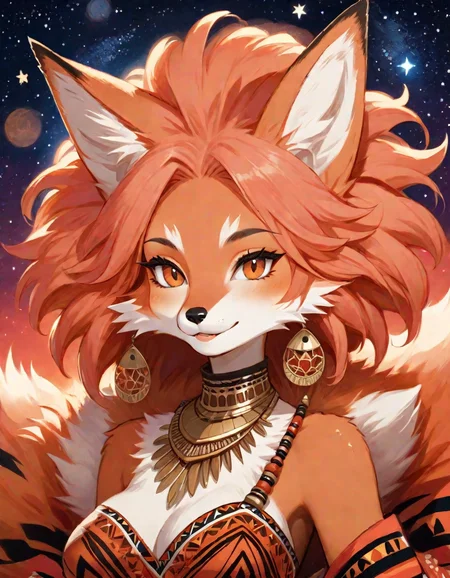 highly detailed, masterpiece, best quality, official art, anime style, (fox girl), furry body, Coral fur, slight smile, dressed in tribal african clothing, character portrait, upper body, evening, few stars, in the sky is blackhole and stars and white dwarf star , <lora:Anime_Furry_Style_SDXL:0.8>