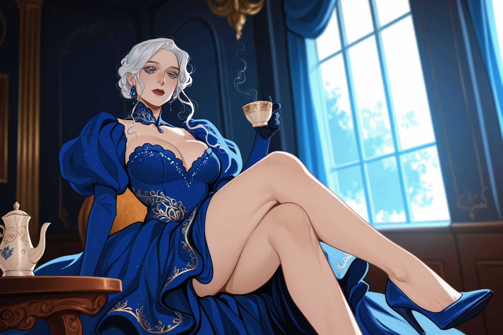 1girl, female, sexy woman, long eyelashes, gloves, ribbons, dramatic, layered dress, royal dress, lifts dress, slender legs, heels, crossed legs, 
inside royal room, sitting at the table, drinks a cup tea, 
v4l3nt4in3,
 <lora:Valentaine2-illustrious-000016:1>