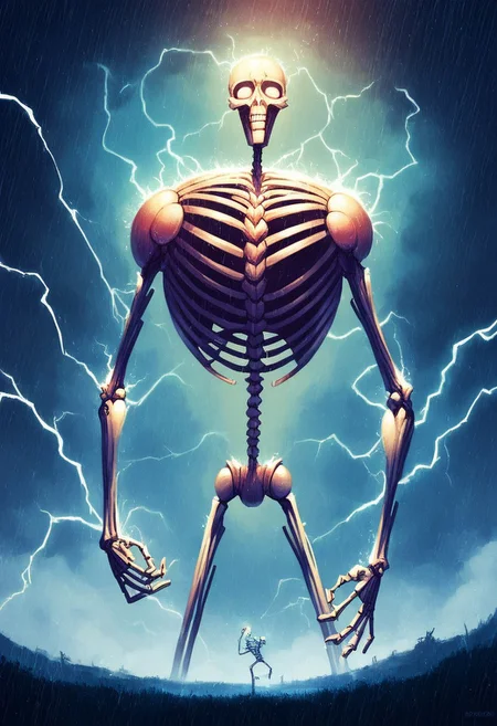 score_9, score_8_up, score_7_up, score_6_up, Moonless night. A vibrant, colorful, giant metallic skeleton stands by the edge of a massive serene lake, the water glistening in the flashes of lightning. Lightning storm, raining. Thick, swirling clouds swirl overhead, The flashes of lightning light up the clouds. detailxl, raw lighting, overexposed, harsh flash, mad-lgthng