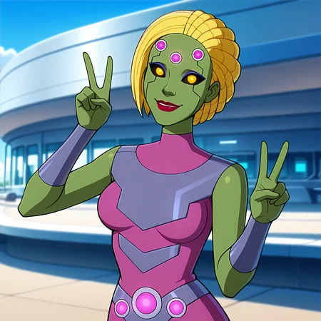 absurdres, 8k, high resolution, masterpiece, best quality, absolutely fantastic art, amazing quality, very aesthetic,1girl, solo,<lora:brainiacwife>, brainiacwife, green skin, blonde hair, lipstick, smile, yellow eyes, alien girl, black sclera, v, outdoors