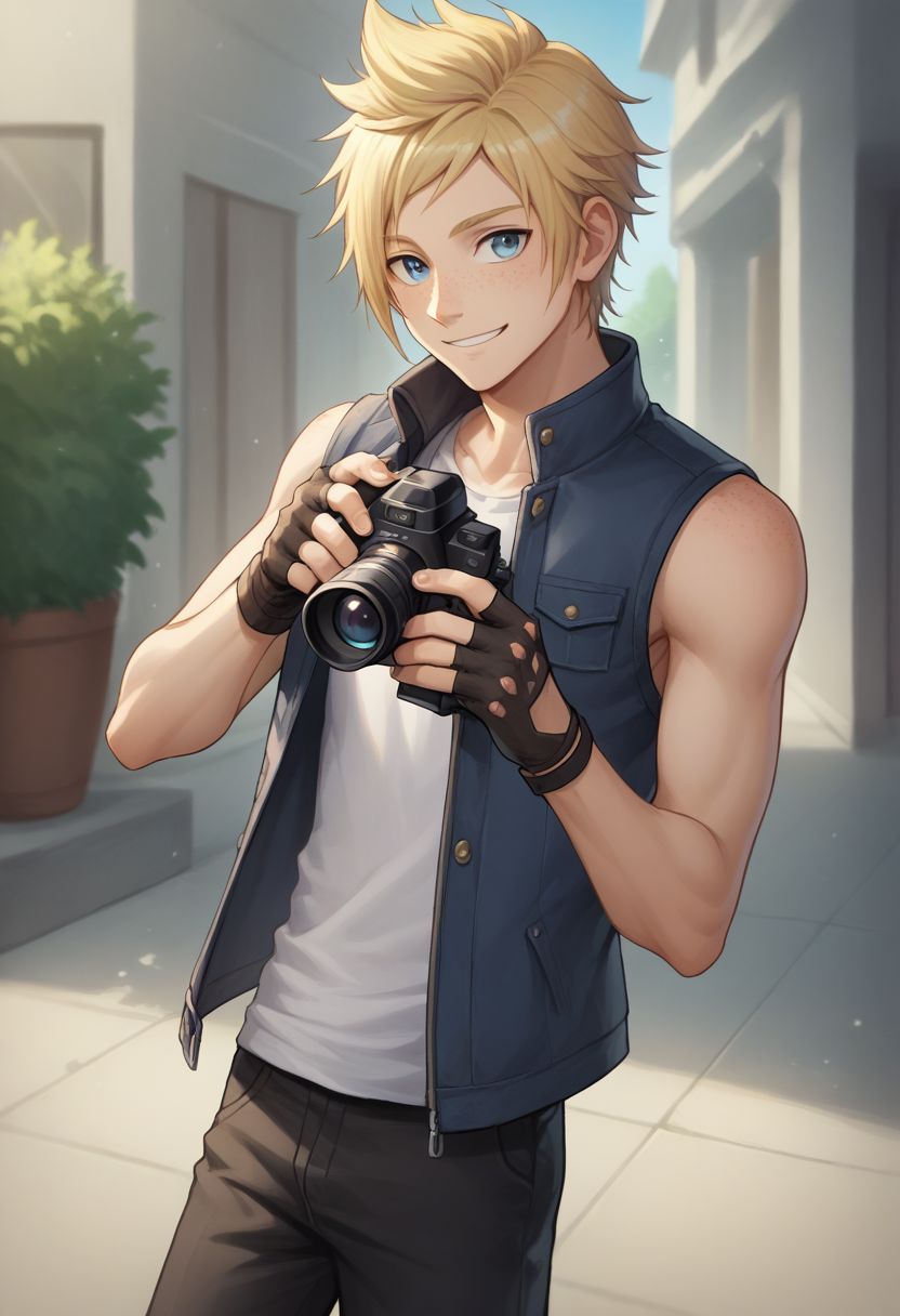 score_9, score_8_up, source_anime, highly detailed, 1boy, solo, male_focus, slender, skinny
prompto, 1boy, male focus, solo, blue eyes, blonde hair, gloves, fingerless glovesboots, freckles, shirt, jacket, sleeveless, camera, holding camera, smile,
outdoor,