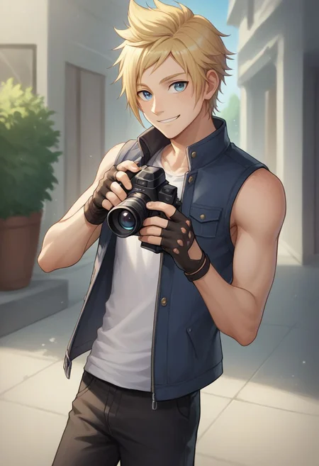 score_9, score_8_up, source_anime, highly detailed, 1boy, solo, male_focus, slender, skinny
prompto, 1boy, male focus, solo, blue eyes, blonde hair, gloves, fingerless glovesboots, freckles, shirt, jacket, sleeveless, camera, holding camera, smile,
outdoor,
