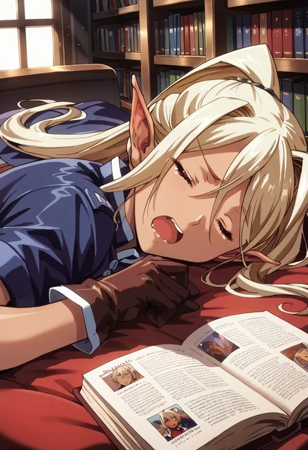 <lora:chloe:1> chloe, dark_skin, blonde_hair, pointy_ears, elf, long_hair, dark_elf, ponytail, gloves, red_eyes, thighhighs, boots, score_9, score_8_up, score_7_up, source_anime, rating:safe, (close_up:1.3), sleepy, yawning, tired, closed_eyes, open_mouth, laying_down, curled_up, blanket, bookstore, bookshelves, books, cozy, armchair, reading_nook, window, sunlight