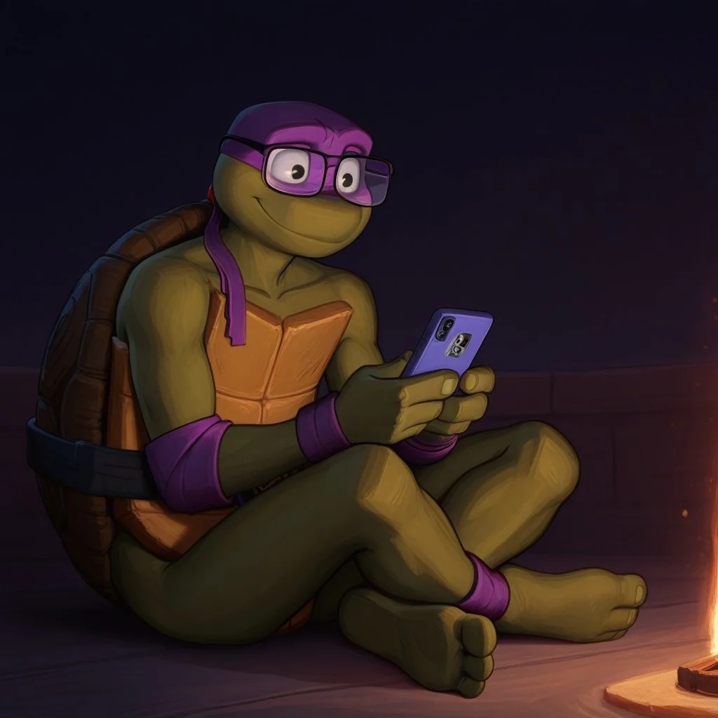 masterpiece, best quality, amazing quality,
(((Donnie, Purple mask, glasses))), Donnie,Tmnt, MutantMayhem, Green skin, turtle, Male, Male only, 1 boy, lips, smiling , Full body, sitting, playing videogame, holding phone, skinny, looking at phone