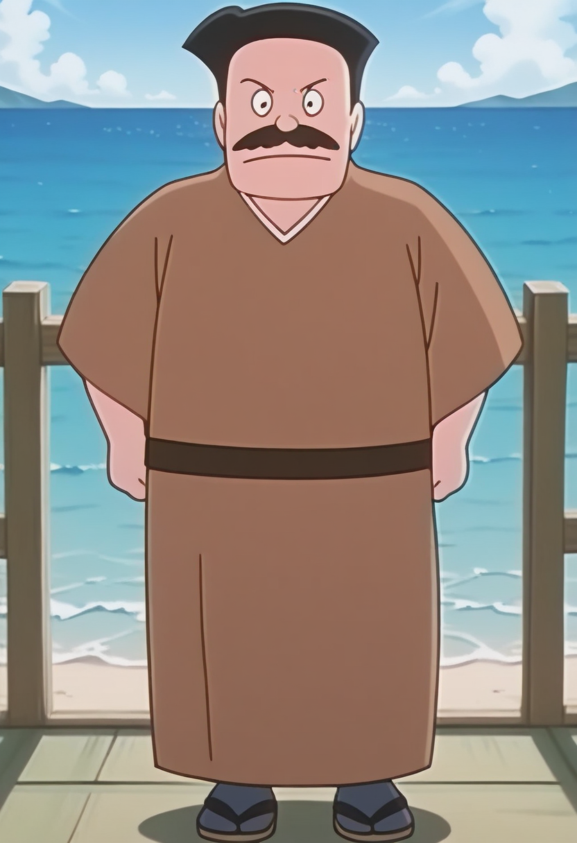 1boy, standing, cowboy shot, blue sky, anime screenshot, horizon, ocean, outdoors, smile,
BREAK
nobirunobi, old man, mustache, black hair,
BREAK
japanese clothes, brown belt, sandals, brown clothes,
BREAK
best quality, masterpiece, very aesthetic, absurdres, highest detailed, very awa, newest, <lora:Nobiru_Nobi_from_Doraemon_v0.1:1>