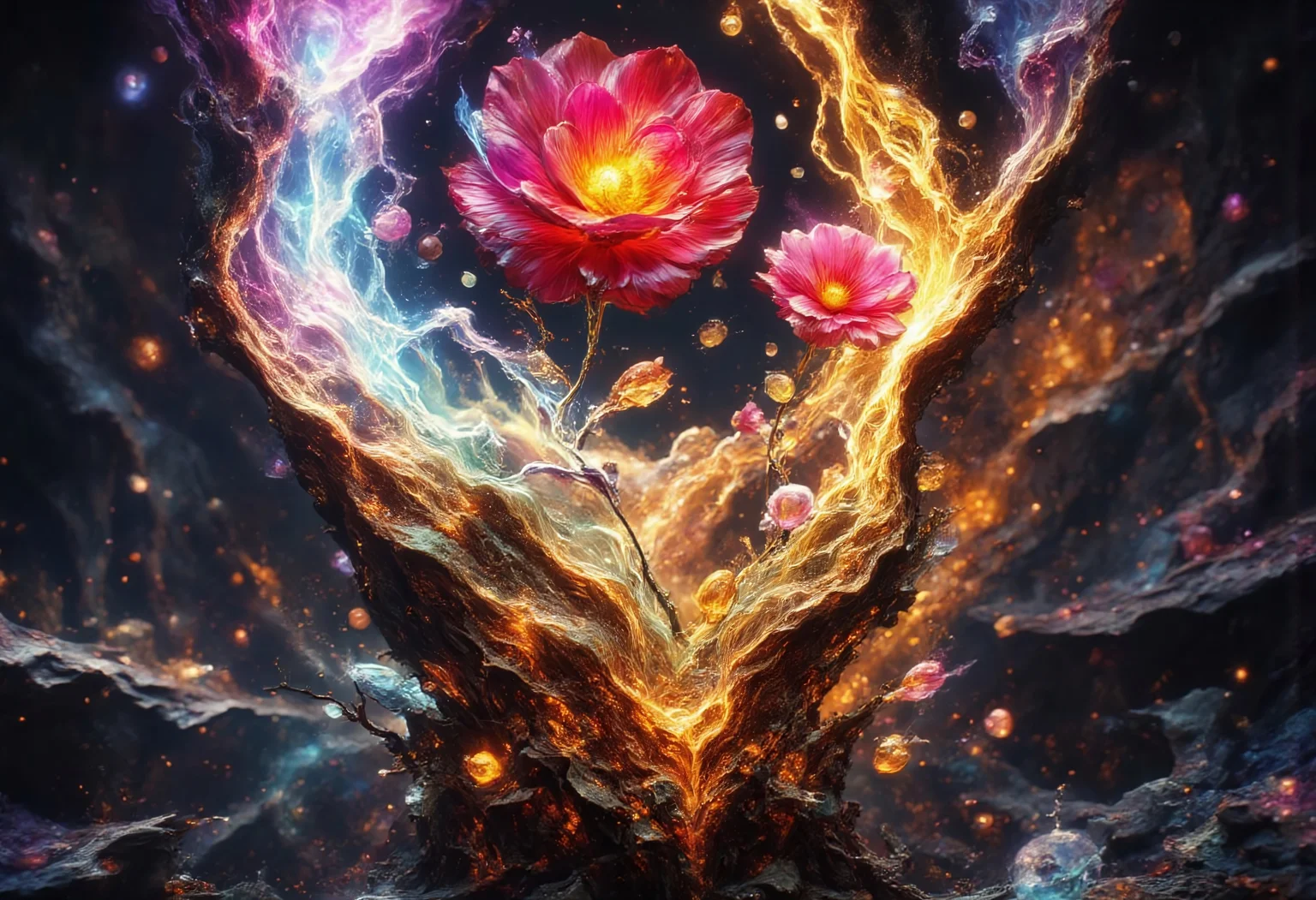 Ultra-realistic 8K resolution, Octane render, Unreal Engine 5 masterpiece, dark academia aesthetic, enchanted glass terrarium containing: two hybrid heliotrope-roses with translucent ruby gemstone petals (vitreous refraction), metallic obsidian stems (bioluminescent vascular system), liquid mercury dewdrops suspended mid-fall, spiral cerulean nebula core emitting plasma tendrils, fractured amber glass veins pulsing with trapped starlight, quantum foam escaping through dimensional cracks, non-Euclidean spacetime geometry, vantablack void background with gravitational lensing distortion, chrono-crystalline lattice framework, volumetric photon mapping event horizon glow, subsurface scattering in petal nanostructures, temporal anomaly causing timeline overlaps, hyperdetailed microbiology under gemstone epidermis, gothic biodigitalpunk style blending Zdzisław Beksiński and Ernst Haeckel, photorealistic macro photography meets celestial cartography, trending on ArtStation --ar 16:9 --v 6.0 --no cartoonish, flat colors, symmetry, human elements