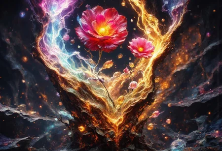 Ultra-realistic 8K resolution, Octane render, Unreal Engine 5 masterpiece, dark academia aesthetic, enchanted glass terrarium containing: two hybrid heliotrope-roses with translucent ruby gemstone petals (vitreous refraction), metallic obsidian stems (bioluminescent vascular system), liquid mercury dewdrops suspended mid-fall, spiral cerulean nebula core emitting plasma tendrils, fractured amber glass veins pulsing with trapped starlight, quantum foam escaping through dimensional cracks, non-Euclidean spacetime geometry, vantablack void background with gravitational lensing distortion, chrono-crystalline lattice framework, volumetric photon mapping event horizon glow, subsurface scattering in petal nanostructures, temporal anomaly causing timeline overlaps, hyperdetailed microbiology under gemstone epidermis, gothic biodigitalpunk style blending Zdzisław Beksiński and Ernst Haeckel, photorealistic macro photography meets celestial cartography, trending on ArtStation --ar 16:9 --v 6.0 --no cartoonish, flat colors, symmetry, human elements