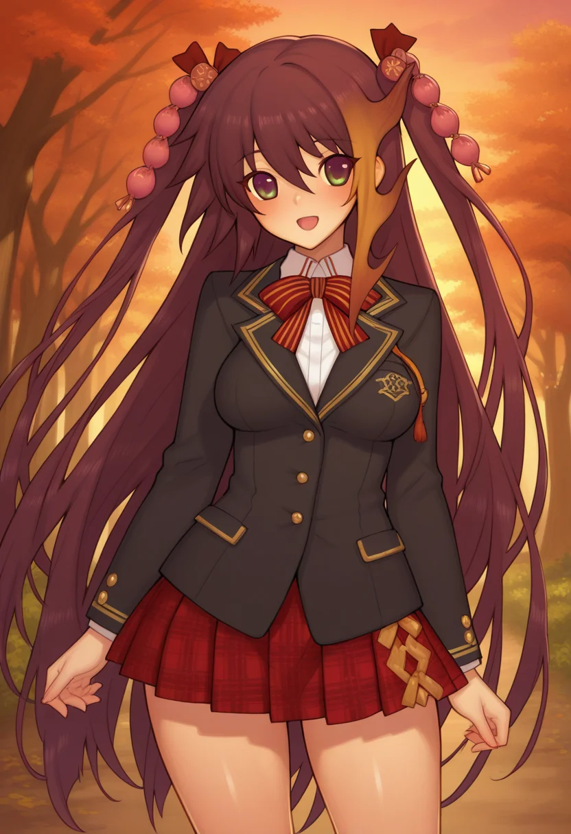 ((safe)), 1girl, (yukimura_muramasa, two side up, white shirt, blazer, plaid skirt, red skirt, pleated skirt), blush, smile, open mouth, outdoors, shiny skin, best quality, amazing quality, very aesthetic, absurdres, <lora:yukimura_muramasa_ill:1>