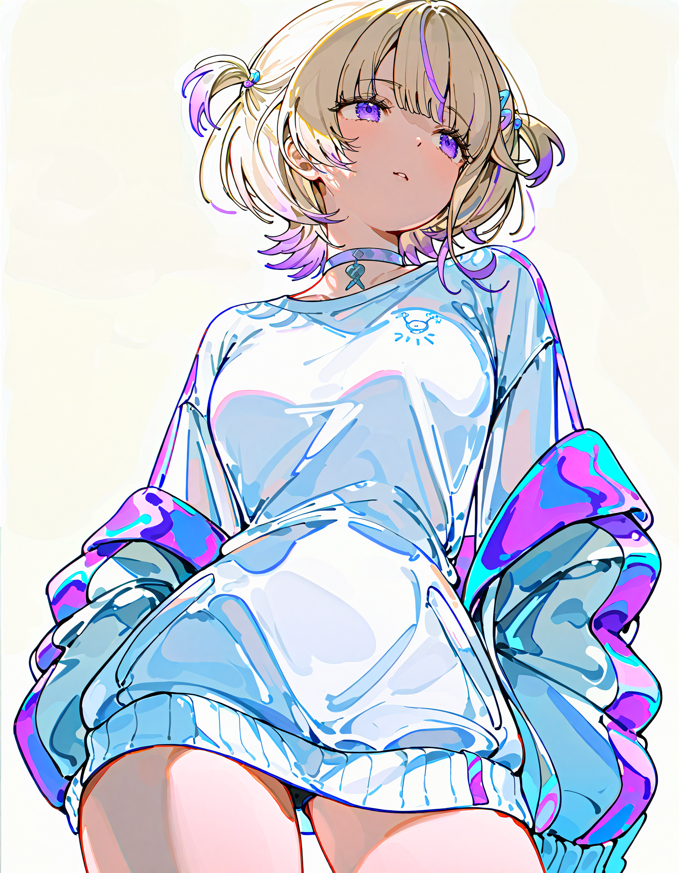 todoroki_hajime, hololive, todoroki hajime, hololive, 1girl, blonde hair, purple eyes, purple hair, short hair, streaked hair, two side up, virtual youtuber, white jacket, white shirt, , cowboy shot, simple background, white background, 
 <lora:z3zz4_075:0.85>, z3zz4, 
(masterpiece, best quality, very aesthetic, highres, absurdres,:1.4),
<lora:spo_sdxl_10ep_4k-data_lora_webui:0.85>, <lora:ponyv5_noobE11_1_adamW:0.35>, <lora:illustrious_noobai_epsilon_pred_1_best_quality_v1:0.75> , <lora:add-detail-xl:0.35><lora:HandFixer_pdxl_Incrs_v1:1><lora:HandFixer_pdxl_Incrs_v1:1><lora:HandFixer_pdxl_Incrs_v1:1><lora:HandFixer_pdxl_Incrs_v1:1>