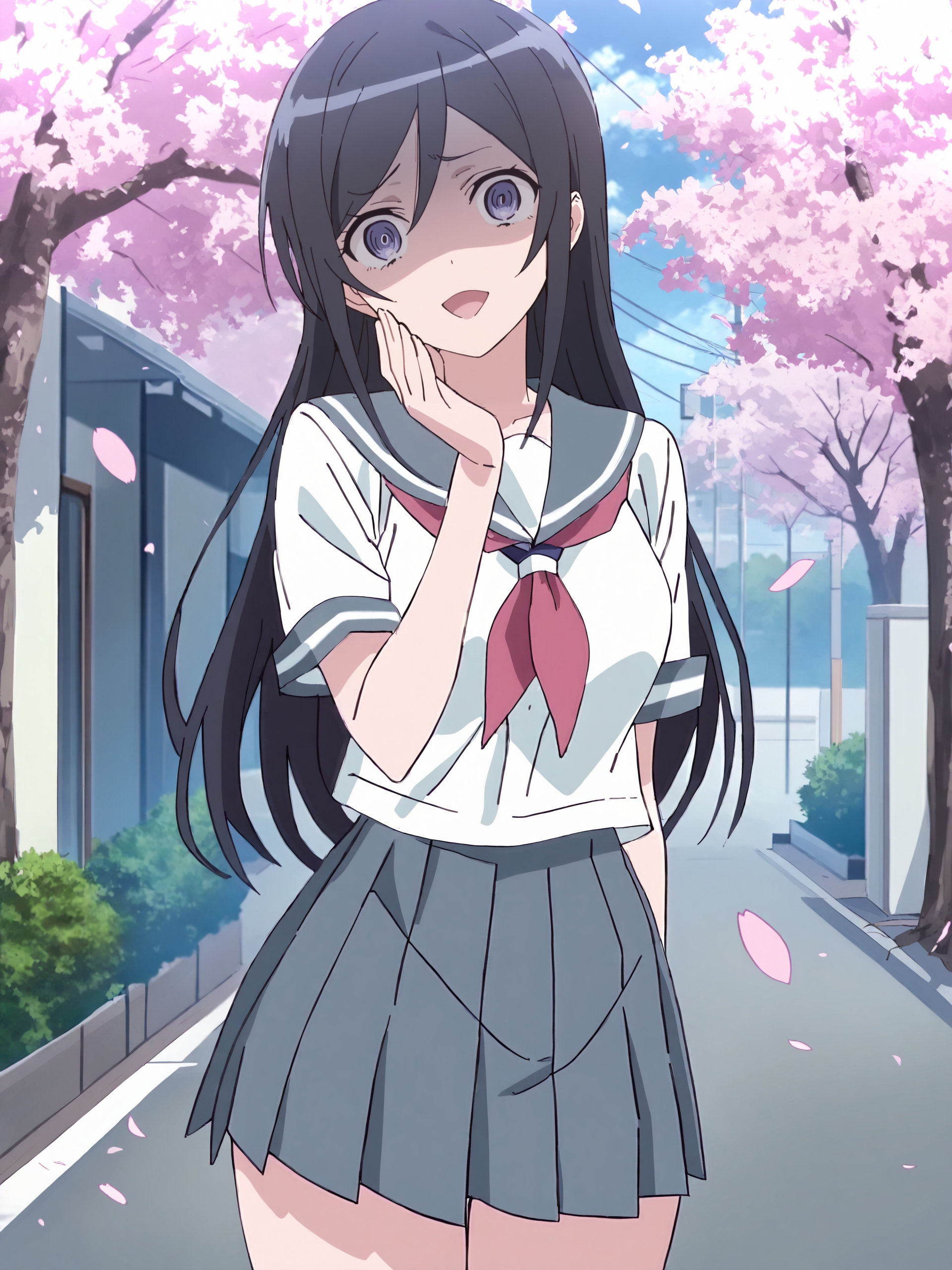 masterpiece, high score, great score, absurdres, anime screenshot, anime coloring,  <lora:Char-Aragaki_Ayase-V1-SDXL:1:hr=0.7>, 1girl, aragaki ayase, solo, serafuku, blue pleated skirt, red neckerchief, looking at viewer, yandere, open mouth, shaded face, ojou-sama pose, standing, cowboy shot, outdoors, street, cherry blossoms, petals, depth of field