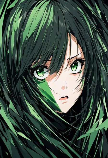abstract portrait of 1girl,fragmented visual style,green and black color palette,evokes feelings of rebellion,passion,and freedom,blurred boundaries,scared, eyes wide,worried, afraid