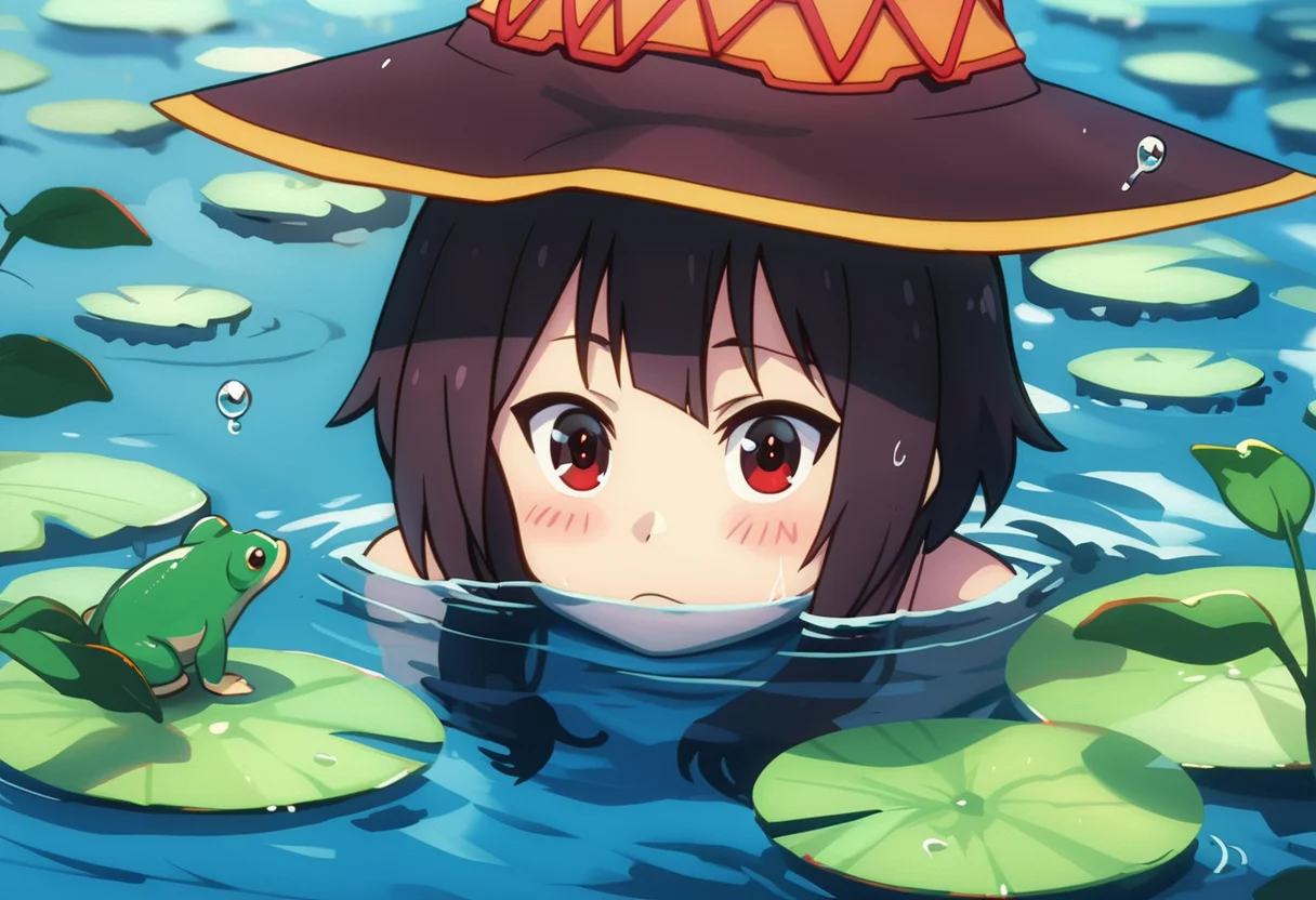 score_9, score_8_up, score_7_up, BREAK, BREAK source_anime,
solo,1girl,face focus,water,anime style,wet hair,blue water,observing,calm expression,curious gaze,silent encounter,
head_out_of_water,head sticking out of water,peeking out of water,face above water,
megumin,hat,witch hat,short hair,short hair with long lock
<lora:head_out_of_water_pony_xl:0.8> <lora:Megumin_-_Kono_Subarashii_Sekai_ni_Shukufuku_wo:0.7>