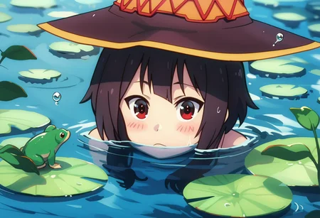 score_9, score_8_up, score_7_up, BREAK, BREAK source_anime,
solo,1girl,face focus,water,anime style,wet hair,blue water,observing,calm expression,curious gaze,silent encounter,
head_out_of_water,head sticking out of water,peeking out of water,face above water,
megumin,hat,witch hat,short hair,short hair with long lock
<lora:head_out_of_water_pony_xl:0.8> <lora:Megumin_-_Kono_Subarashii_Sekai_ni_Shukufuku_wo:0.7>