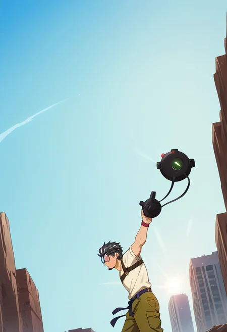 score_9, score_8_up, score_7_up, score_6_up, perfect anatomy, perfect proportions, best quality, masterpiece, high_resolution, high quality, aesthetic, absurdres, solo male, Kaburagi, black hair, grey hair streak, multicolored hair, hair slicked back, facial hair, goatee, green eyes, sanpaku, constricted pupils, eyebrow slit, scar, white shirt, wide necked shirt, short-sleeved shirt, sleeves tucked up and buttoned, shirt tucked-in, olive work pants, wide pants, black tied belt, tied belt, left leather bracelet, brown boots, (Oxyone flying gear \(Deca Dence\)), harness \(Deca Dence\), round flight goggles \(Deca Dence\), holding spear-gun, adult, mature, masculine, manly, handsome, charming, alluring, (flying), upper body, dutch angle, cowboy shot, blue sky, day, cloud, city ruins, (view from side), (dynamic), cinematic, science fiction, high altitude, fighting stance, upside-down, emphasis lines, lens flare