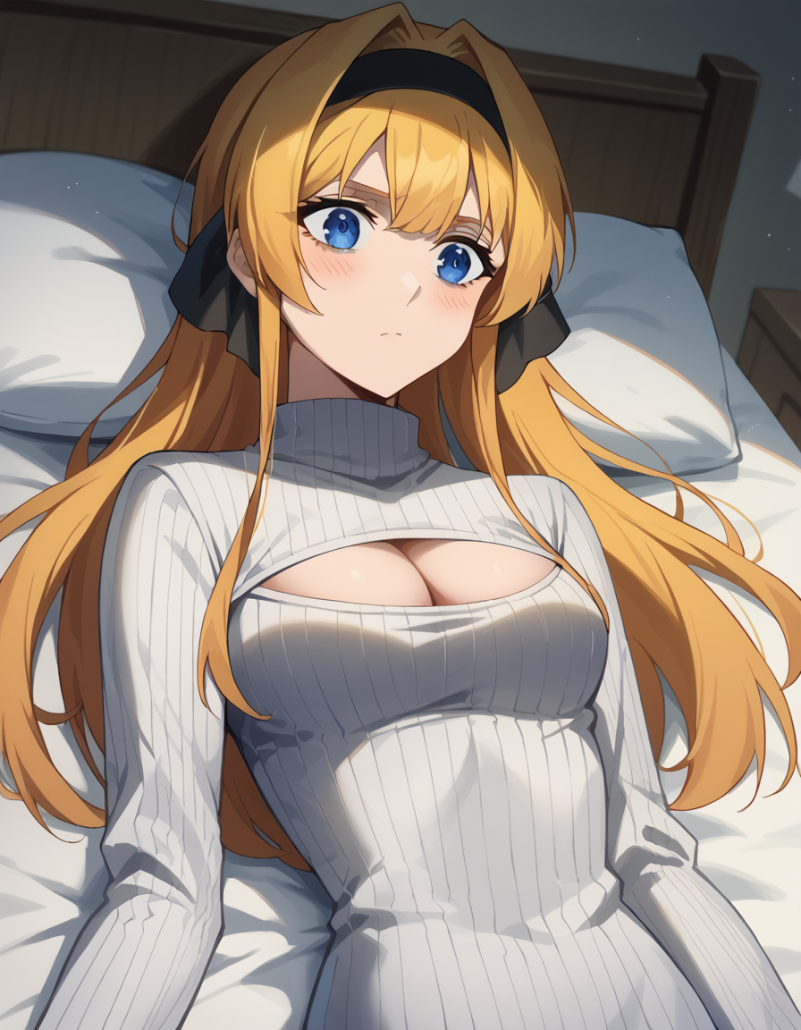 score_9, score_8_up, score_7_up, source_anime, <lora:lihanna-owenzaus-s1-ponyxl-lora-nochekaiser:1>, lihanna owenzaus, long hair, bangs, blue eyes, blonde hair, hairband, black ribbon, hair intakes, black hairband, medium breasts,, <lora:open-chest-sweater-ponyxl-lora-nochekaiser:1>, open-chest sweater, ribbed sweater, cleavage cutout, meme attire, clothing cutout, turtleneck, sweater dress, cleavage, clothes tug, sweater pull, cleavage reach,, indoors, bed, bed room, blush, on bed, on back, , cowboy shot, dutch angle