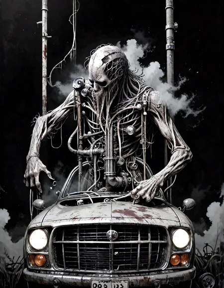 score_9, score_8_up, score_7_up, mm-style,monochrome,black background, car , pipes and wires, scratched steel, horror, dark fantasy,fog<lora:Monochrome_Monsters_Pony:1>