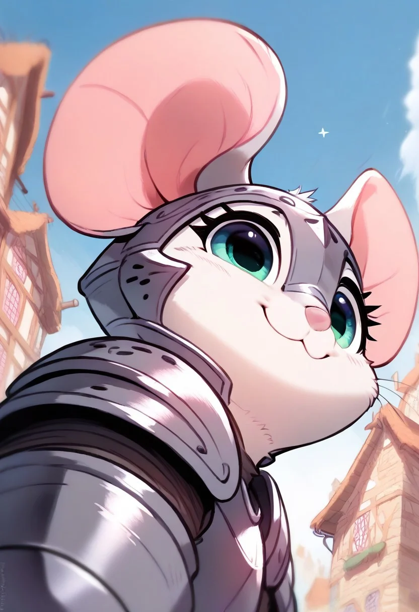 score_9, score_8_up, score_7_up, score_6_up, score_5_up, score_4_up, fluffylewdsai, makkuro m0use_maximilla, cute, [][][][][] (solo),Knight armor, detailed iron armor, (cute:2), upper body shot, (close up), (low angle view:1.5), outdoors, happy expression, (side view:1.5), village, look at viewer