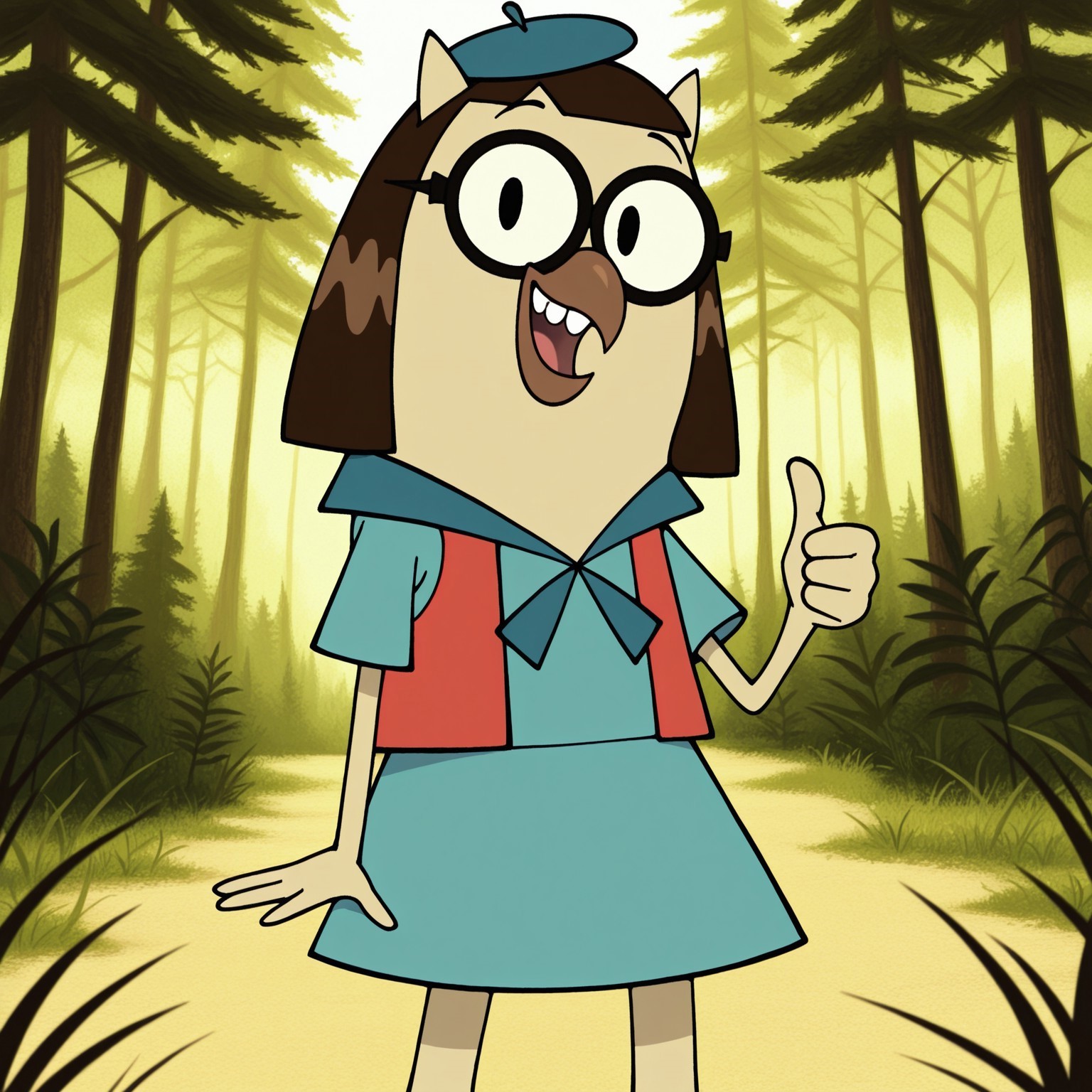 8k, uncensored, masterpiece, best quality, highly detailed, realistic, 1girl, solo, AlmondineCL, furry, anthro, avian, owl, brown hair, medium hair, black eyebrows, thin eyebrows, black glasses, round glasses, black eyes, brown beak, light-tan skin, teeth, smile, open mouth, dark-blue beret, blue topwear, scout outfit,  (looking at viewer, standing, grass, forest, trees, front view, detailed background, flat chested, ((4 fingers)), (thumbs up)) feet out of frame, blue skirt, head tilt, dutch angle, short female