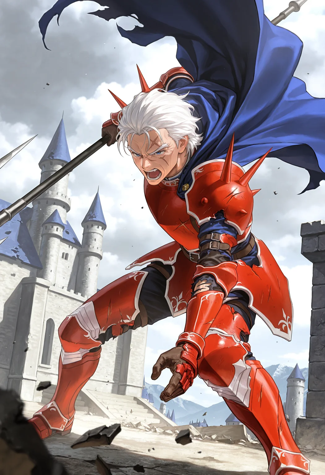 masterpiece,extreme detailed,SmoothNoob_Quality,cloudy sky,day,outdoors,castle,full body BREAK jagen_(fe),1boy,white hair,blue eyes,(old man:0.9),scar,red armor,cape,spikes,<lora:jagen_(fe)-IL:1>,holding polearm,<lora:NOOB_vp1_detailer_by_volnovik_v1:1>,fighting stance,serious,open mouth,anguish,broken armor,broken weapon,torn cape,torn clothes,injury,