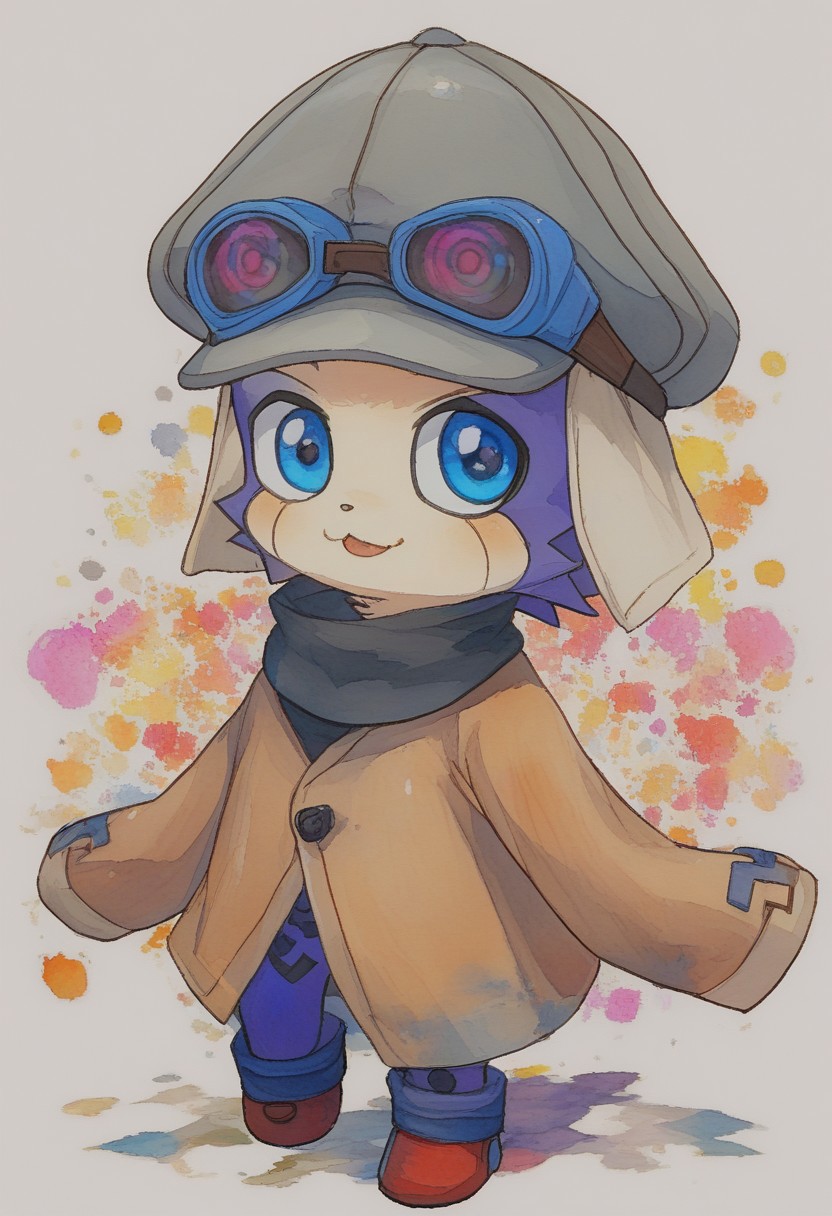 (Offmon:1.2),( cute face:0.7), blue eyes, male, boy,  (in the style of holographic patterns.:1.1), (half-body shot:1.1),(luminous, pixelated shards resembling shattered screens  colorful digital art.:1.1) glitchy distortion aesthetic colorfull palette. background is a deep, electric cables glitchy, electric light that dance in chaotic harmony,  glitch art, surrealism, high contrast, vibrant colors, psychedelic patterns, ethereal glow. The overall mood should be one of distorted lens of a malfunctioning AI , offmon, digimon, shirt, longsleeve, hat, googles, solo, hat, watercolor \(medium\), traditional media,