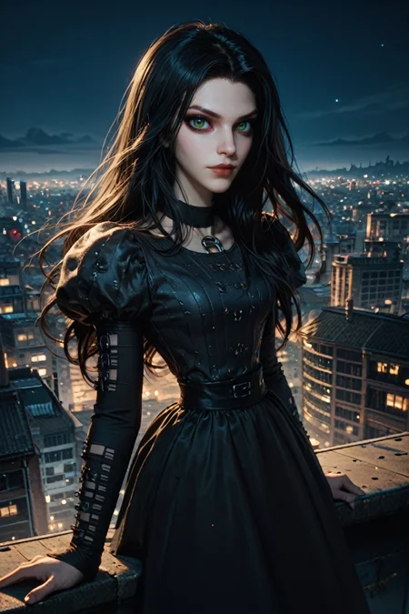 score_9, score_8_up, score_7_up, score_6_up
<lora:AliceMadness:1.0>
AliceMadness, 1girl, black hair, long hair, green eyes, looking at viewer, overlooking the city from a rooftop bar at night, chic outfit, standing
