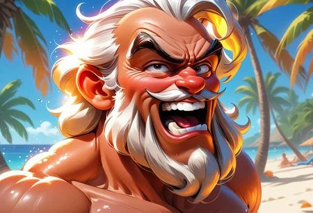 Close-up, high quality, masterpiece, 8k, hdr, rgb, portrait, raw photo, (masterpiece, best quality, detail),
Beach, Santa Claus with his tongue outstretched from thirst and splashes of saliva, palm trees, sun lounger, heat, dripping sweat, well-deserved rest, anime, cartoon,
Greg Rutkowski, Craig Davison, Jenny Saville, Bernie Wrightson, Frank Frazetta,