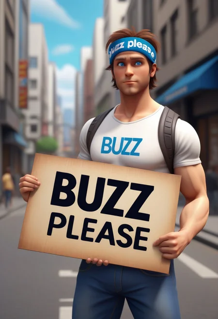 man holding a sign that says ("Buzz Please") text logo, male focus, 1man, fit body, brown hair, headband, blue eyes <lora:texta:0.9>, on the street, (anime, masterpiece, intricate:1), (best quality, hires textures, high detail:1), (4k),(incredibly detailed:1),UHD, 8K, ultra detailed​​​