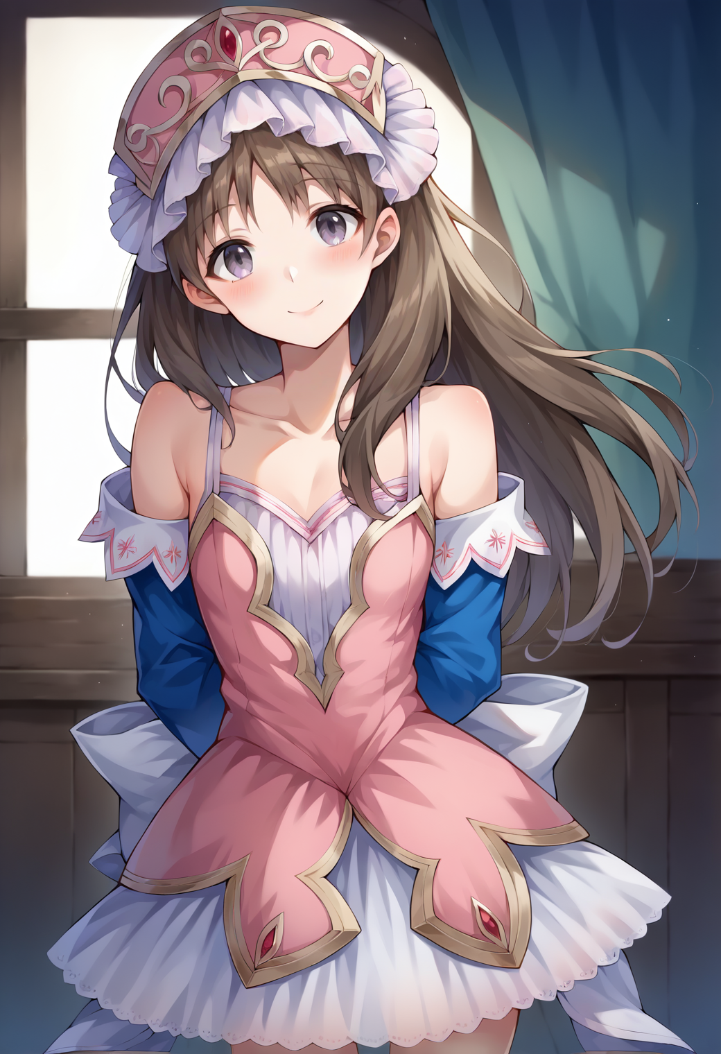 score_9, score_7_up, hd, (ultra hd quality details), source_anime, indoors,
solo, 1girl, attotori, brown hair, long hair, hair over shoulder, grey eyes,
totoridef, headdress, pink dress, collarbone, two-tone dress, bare shoulders, jacket, blue sleeves, detached sleeves, white skirt,
smile, blush, head tilt,
arms behind back,
<lora:_totooria_helmold-elesico-ponyD-000011:1>