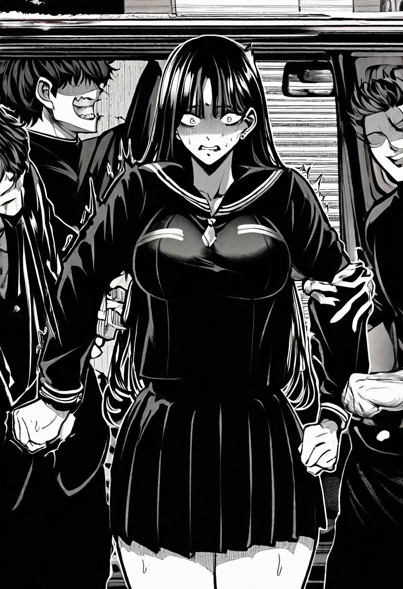 <lora:add-detail-xl:0.5>,masterpiecebest quality,anime coloring,anime screenshot,
<lora:bouryokubannzai:1>bouryokubannzaiV1,
monochrome,greyscale,
skirt,breasts,school uniform,
long hair,short hair
1girl,2boys,b_rikudou, front view,
girl being kidnapped, two men abducting a girl, 
forced into a van, surprised expression, struggling, 
scared girl, one man holding her arms, the other pulling her, short skirt, 
dramatic scene, urban kidnapping, street van,
faceless male, muscular male,