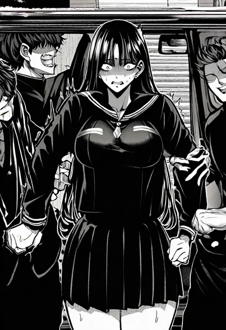 <lora:add-detail-xl:0.5>,masterpiecebest quality,anime coloring,anime screenshot,
<lora:bouryokubannzai:1>bouryokubannzaiV1,
monochrome,greyscale,
skirt,breasts,school uniform,
long hair,short hair
1girl,2boys,b_rikudou, front view,
girl being kidnapped, two men abducting a girl,
forced into a van, surprised expression, struggling,
scared girl, one man holding her arms, the other pulling her, short skirt,
dramatic scene, urban kidnapping, street van,
faceless male, muscular male,