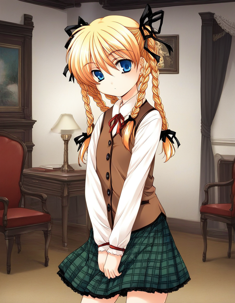 score_9, score_8_up, score_7_up, source_anime, rating_explicit, BREAK  <lora:Itsukiï¼Imi_Ver2.0_XL:1>  Itsukiï¼Imi, solo, blonde hair, blue eyes, ribbon, long hair, hair ribbon, braid, twin braids,
short stack,
 brown vest,  checked skirt, green skirt, long skirt,
looking at viewer, 
cowboy_Shot,
room, chair, red carpetm