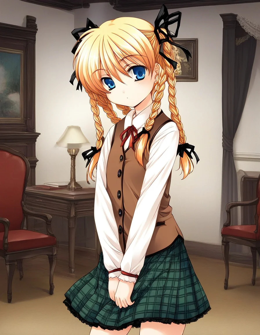 score_9, score_8_up, score_7_up, source_anime, rating_explicit, BREAK <lora:Itsukiï¼Imi_Ver2.0_XL:1> Itsukiï¼Imi, solo, blonde hair, blue eyes, ribbon, long hair, hair ribbon, braid, twin braids,
short stack,
brown vest, checked skirt, green skirt, long skirt,
looking at viewer,
cowboy_Shot,
room, chair, red carpetm