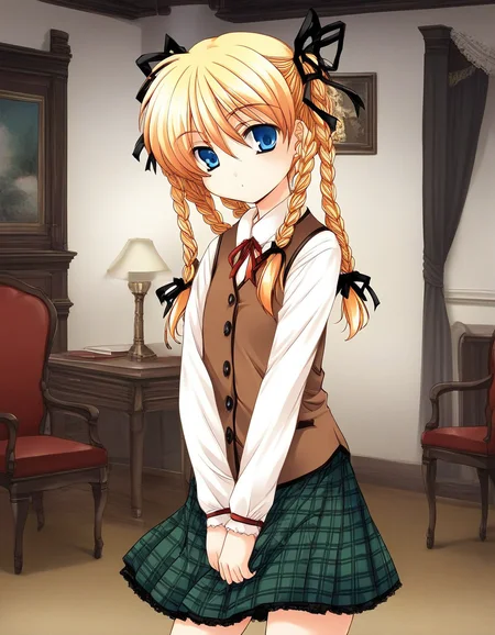 score_9, score_8_up, score_7_up, source_anime, rating_explicit, BREAK <lora:Itsukiï¼Imi_Ver2.0_XL:1> Itsukiï¼Imi, solo, blonde hair, blue eyes, ribbon, long hair, hair ribbon, braid, twin braids,
short stack,
brown vest, checked skirt, green skirt, long skirt,
looking at viewer,
cowboy_Shot,
room, chair, red carpetm