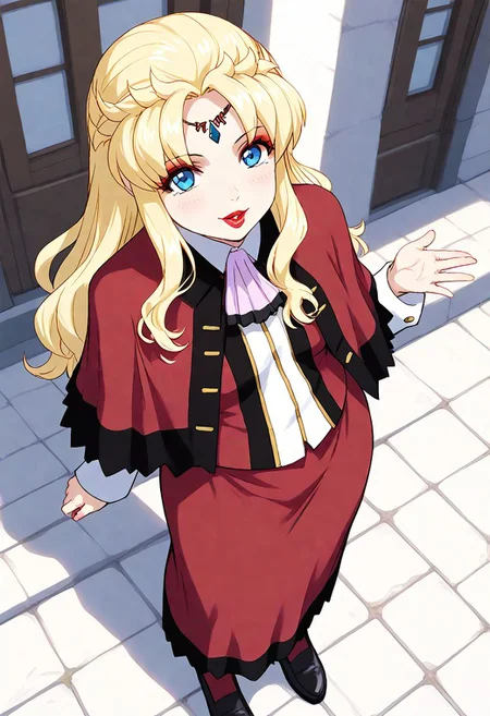 <lora:Hyper-SDXL-8steps-lora:1><lora:Fixhands_anime_bdsqlsz_V1:1> zPDXL2, score_9, score_8_up, score_7_up, source_anime, intricate details, perfect anatomy BREAK
1girl, solo, mature female, gsf-aura50yo, blonde hair, blue eyes, circlet, lipstick, makeup, gsf-aura50yo outfit, red capelet, white jacket, red skirt, black shoes, red pantyhose, 
from above, ojou-sama pose, Neutral, A relaxed facial expression with a slightly open mouth.,
outdoors, city, tokyo, japan,
 <lora:gsf-aura50yo_XL(pony)v10:1>