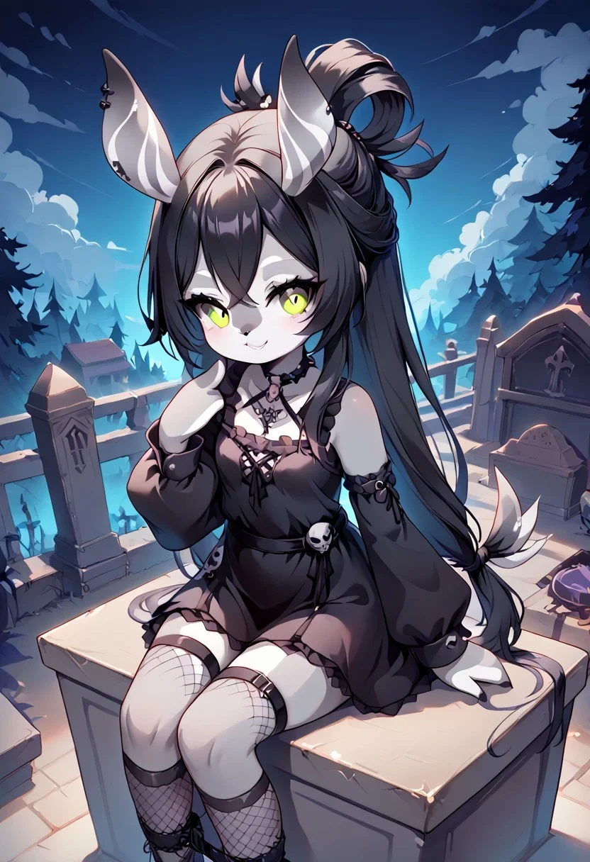 score_9, score_8_up, 1girl, melusine, gray skin, Dress, tied belts, goth hair style, sitting on a tombstone, cute smile, Goth girl, long tied hair, ornamented hair, long fishnet sock