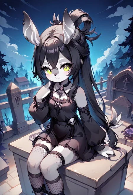 score_9, score_8_up, 1girl, melusine, gray skin, Dress, tied belts, goth hair style, sitting on a tombstone, cute smile, Goth girl, long tied hair, ornamented hair, long fishnet sock