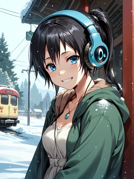 (solo focus, cowboy shot:1.2) <lora:happy_tentacle-mayu-v0.1-000033:1>, ht_mayu, headphones, blue eyes, medium breasts (petite:1.2), <lora:Shed_The_Skin's StS_age_slider_v1_initial_release:-1.15> ( :1.1) jewelry, necklace, earrings, bracelet (perky breasts:1.2) ( , (crying with eyes open:0.8) , ( :1.2) , smile , (looking at viewer:0.6) :1) , outdoors, vegetation, ( :1.1), winter, snow , (day :0.6), , (:0.5), , (medieval :0.8), (train station :1.2) (( from side :1.2) :0.8) score_9, score_8_up, score_7_up, score_6_up, score_5_up, score_4_up, ( [(realistic, photorealistic:1.3):(realistic:1.3):20] [(3d:1.2)::14] :1) <lora:LUUNA's Lunas-NijiJourney-SDXL-B2:0.35>, nijijourney <lora:prgfrg23's Counterfeit-V3.0 Style SDXL_LoRA_Pony Diffusion V6 XL:0.5> <lora:mfcg's mfcgXL:0.12> <lora:reweik's gyokai(himehajime)_PonyXL_style_v01:0.14>